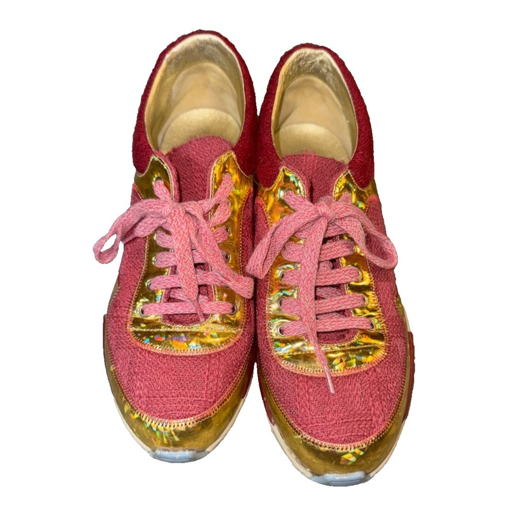 Chanel Multicolor Tweed and Leather CC Low Top Sneakers Size 38 pink gold trendy